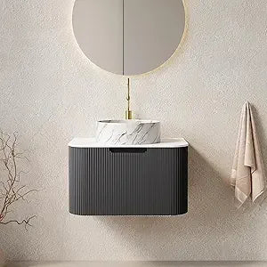 24 Inch Solid Wood Texture Floating Bathroom Vanity with Sink, Modern Wall-Mounted Striped Bathroom Storage Cabinet with White C