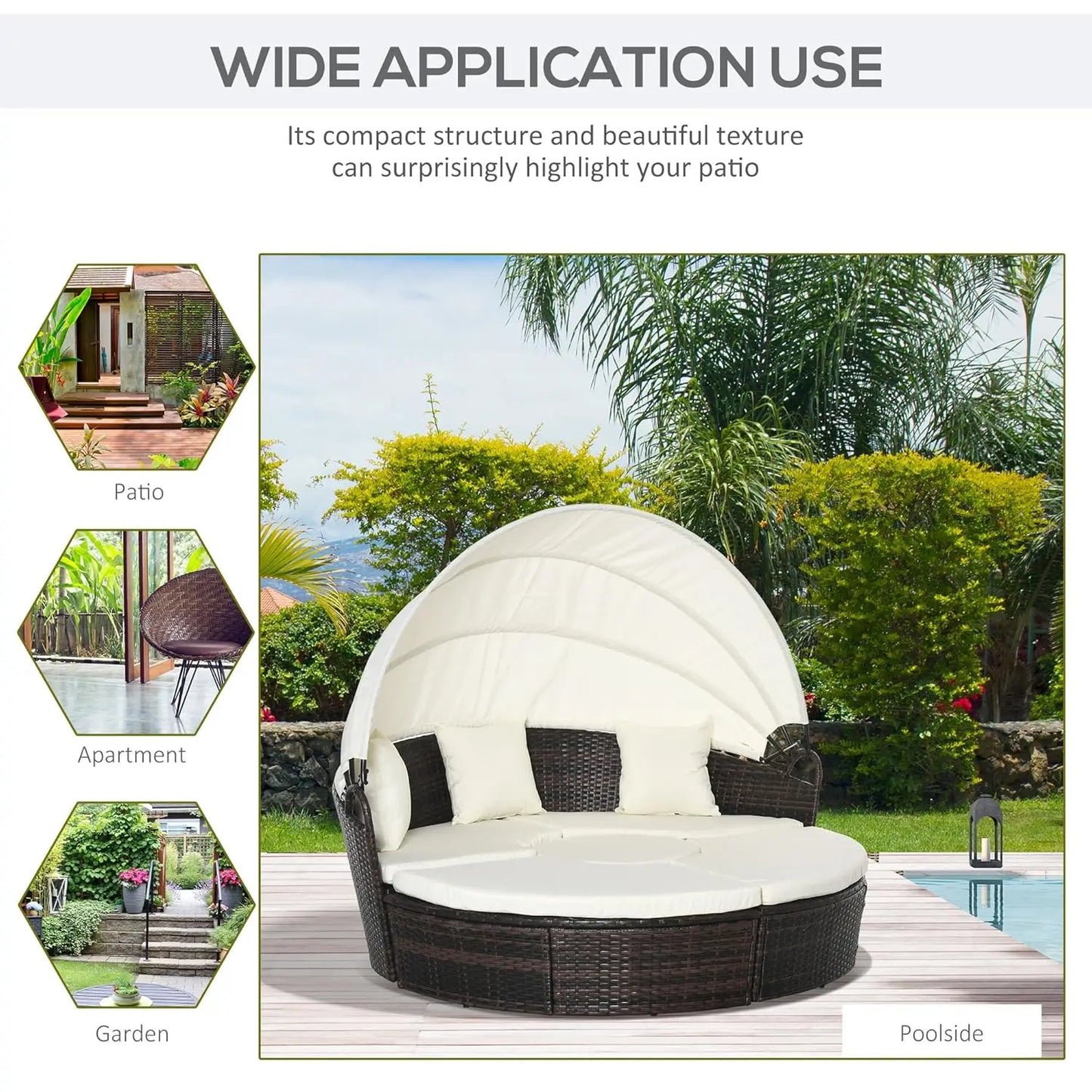 4pc Round Convertible Daybed Cushions PE Rattan Patio Sofa Adjustable Canopy Sectional 2 Chairs Table 3 Pillows, Customized