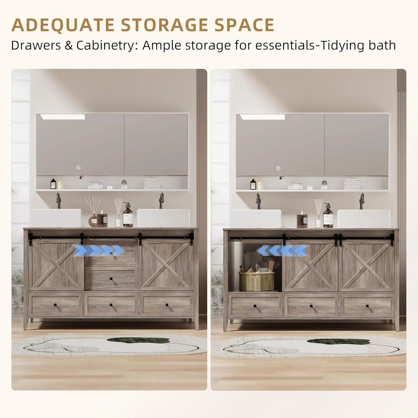 Bathroom Vanity with Sink - 60 Inch Bathroom Vanity Double Sink Ceramic, Freestanding Cabinet , Grey Wood Grain