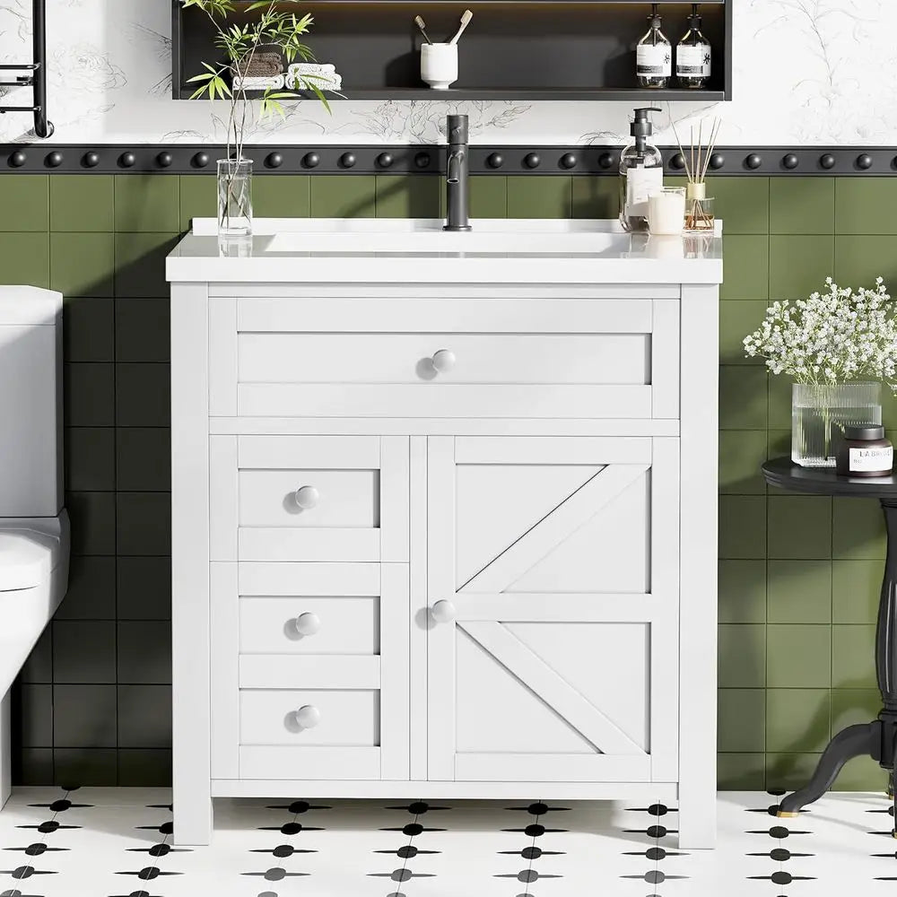 30-inch White Freestanding Bathroom Vanity with Single Sink, 2 Drawers, 1 Drop-Down Drawer, and Side Storage Cabinet