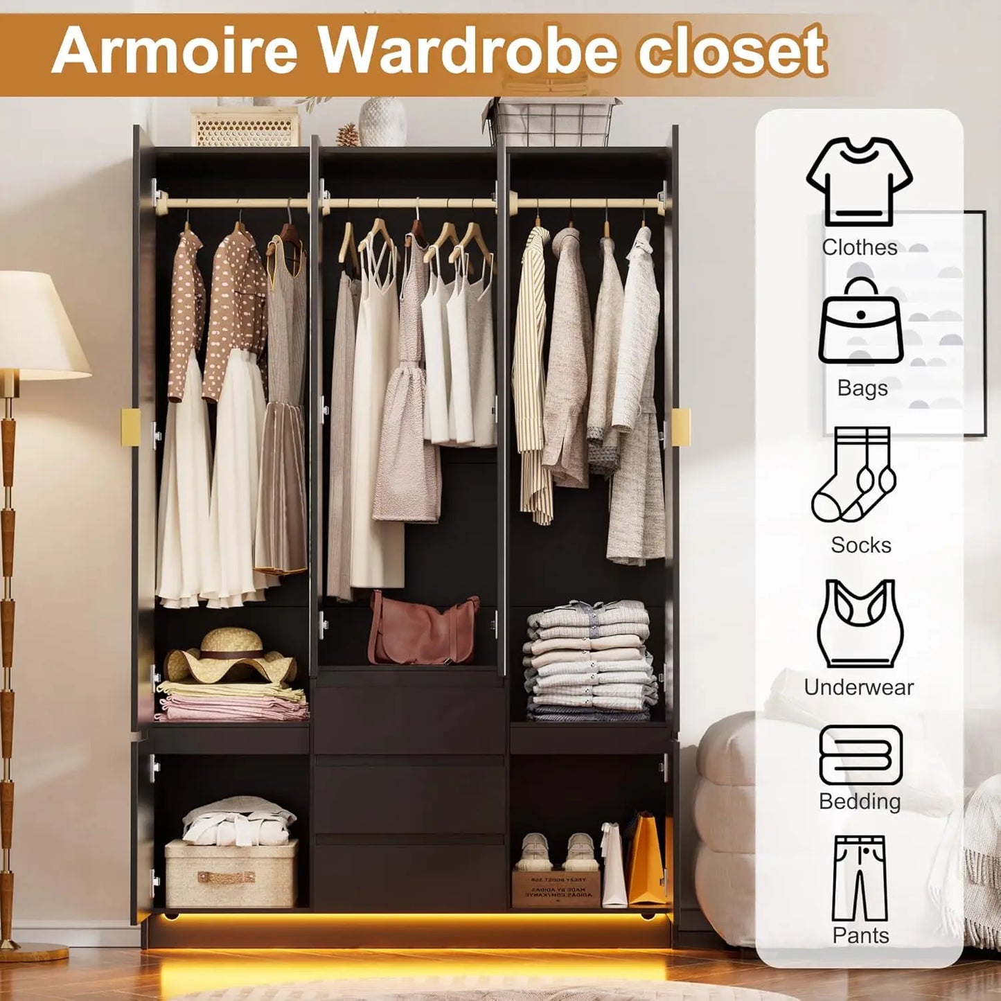 Wardrobe Closet with Led Light & Mirror, Bedroom Large Capacity Freestanding Armoire Wardrobe with Draw