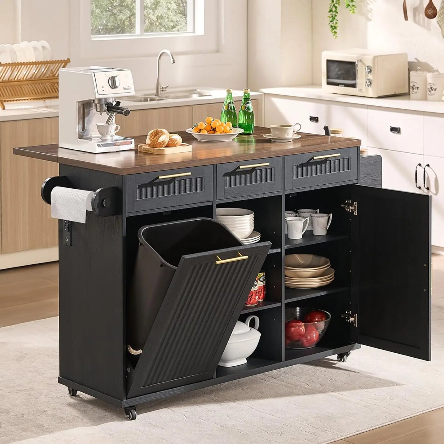 57" Kitchen Island with Storage — Kitchen Rolling Island with Trash Can Storage Cabinet, Power Outlet & Drop Leaf,, Customized