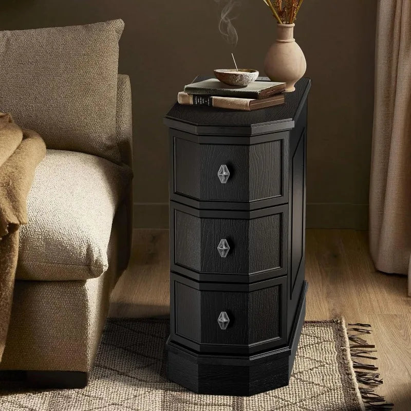 Nightstand Set of 2 with Charging Station, Vintage Wood End Table with 3 Drawer, Victoria Narrow Side Table, Slim Bedside Tables