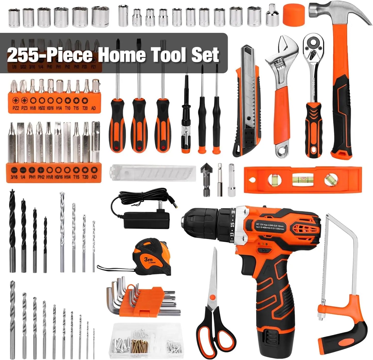 255-Piece Tool Set with Cordless Drill, Toolbox Storage Case for DIY Home Repairs and Handyman Projects