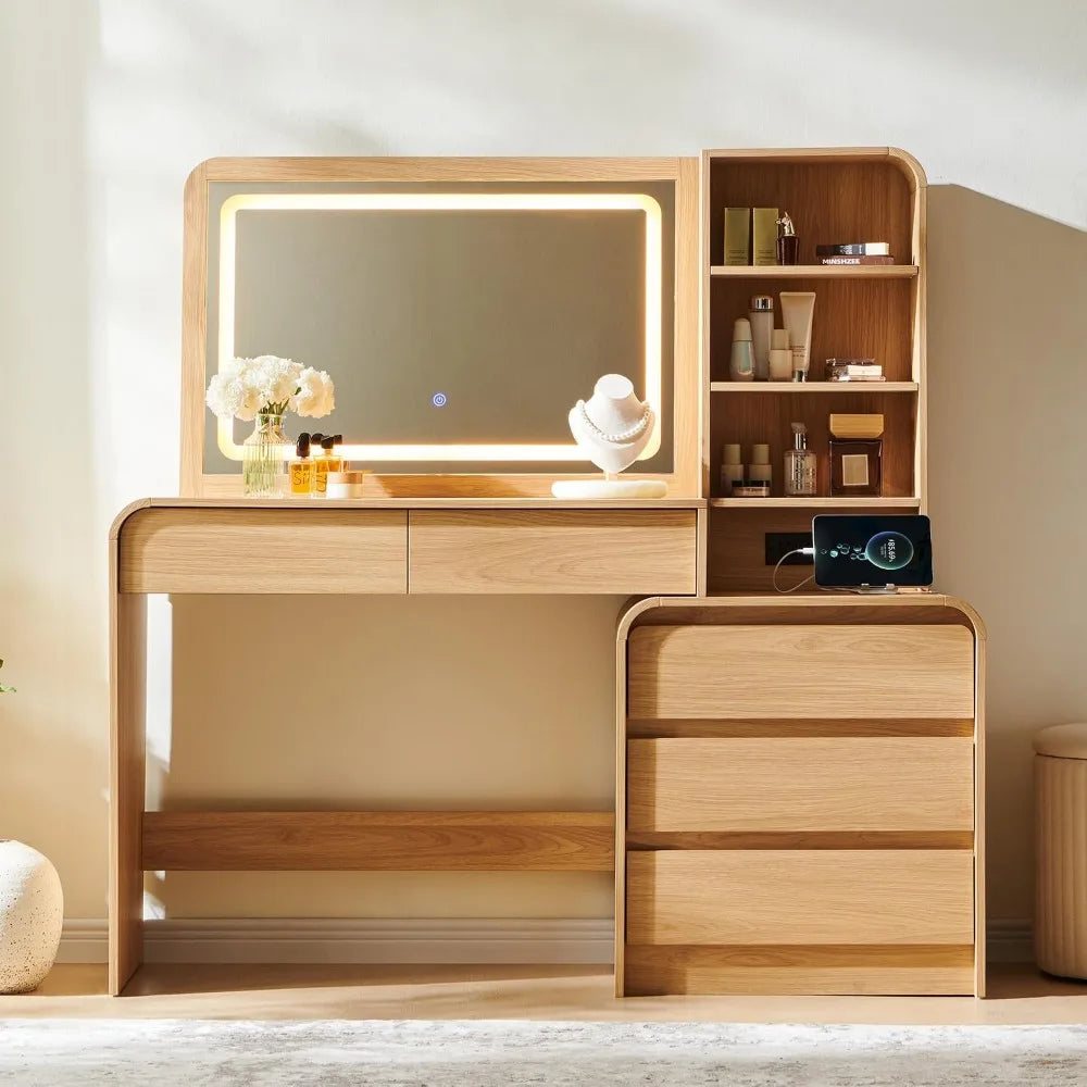 Vanity Desk, Light Mirror & 5 Drawers, Modern Bedroom Makeup Table, Custom
