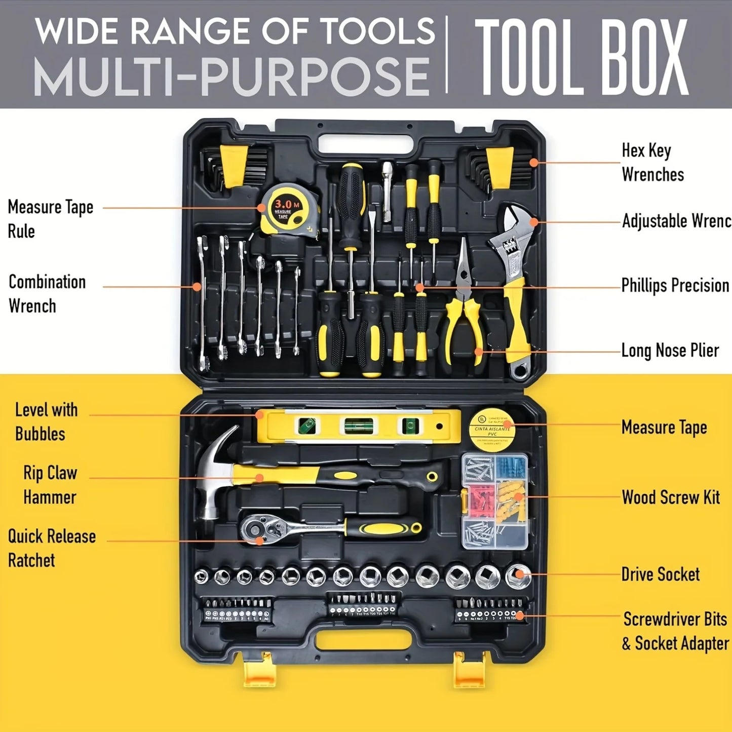 108-Piece Multi-Purpose Manual Tool Set with Carbon Steel Tools and Storage Box for Automotive and Home Repair