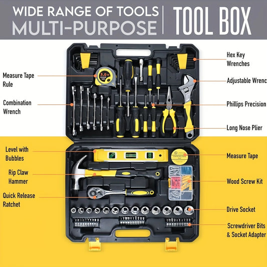 108-Piece Multi-Purpose Manual Tool Set with Carbon Steel Tools and Storage Box for Automotive and Home Repair