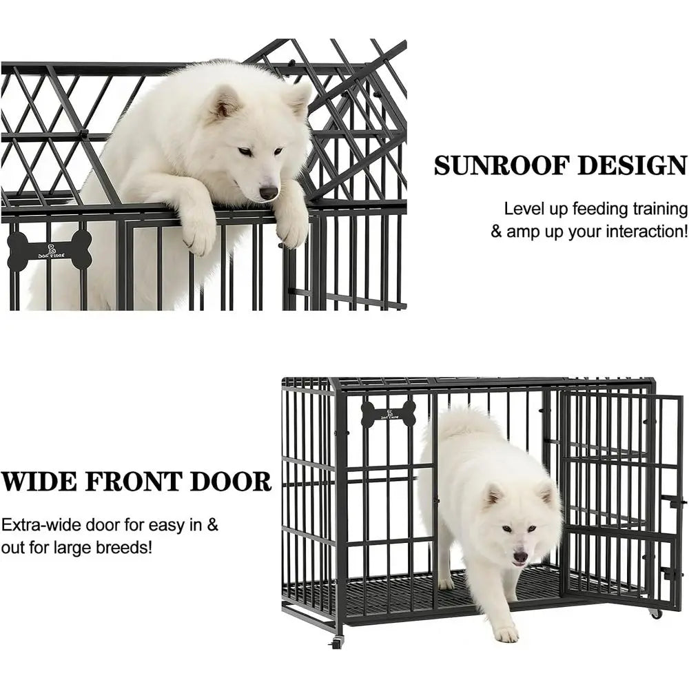 Heavy Duty Dog Crate 42 Inch,XL Large/Medium Pet Dog Cage Kennel Indoor,Steel Ese Proo Cage with Roo Top 2 DoRemovable Trays,Loc