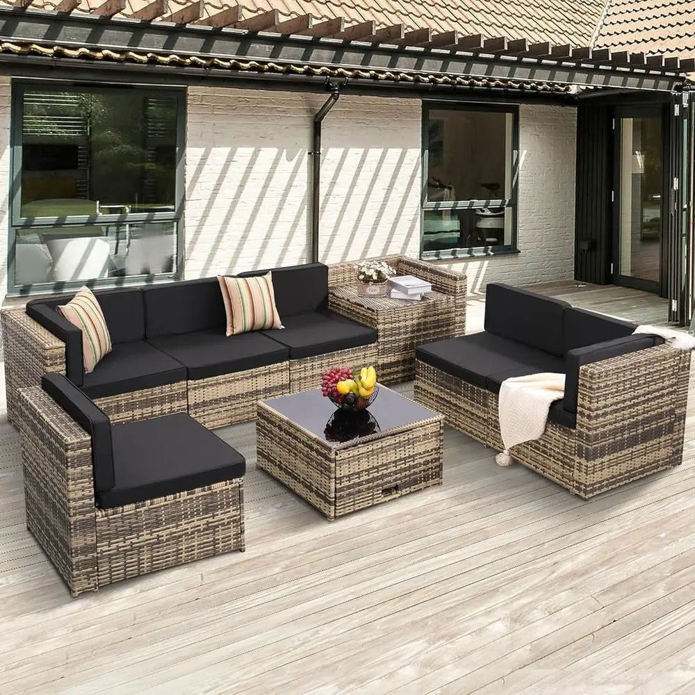 8-Piece Patio urniture Set, Outdoor Wicker Rattan Sectional with Thick Cushions, Glass Top Table with Hidden Storage, Outdoor Co