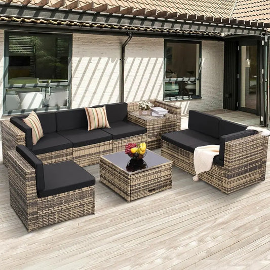 8-Piece Patio urniture Set, Outdoor Wicker Rattan Sectional with Thick Cushions, Glass Top Table with Hidden Storage, Outdoor Co