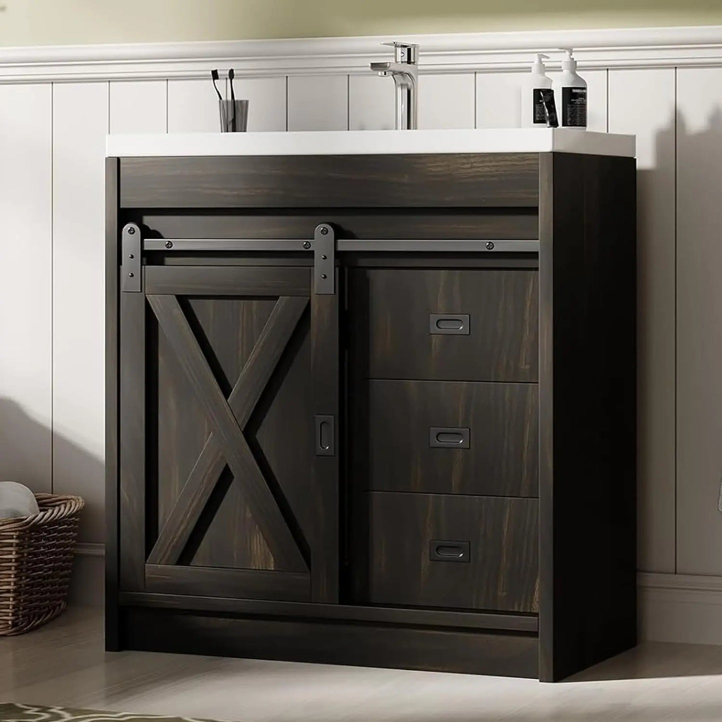 White Farmhouse Bathroom Vanity with Sink Small Vanity Cabinet Featuring 2 Drawers And Sliding Barn Door Customizable Design