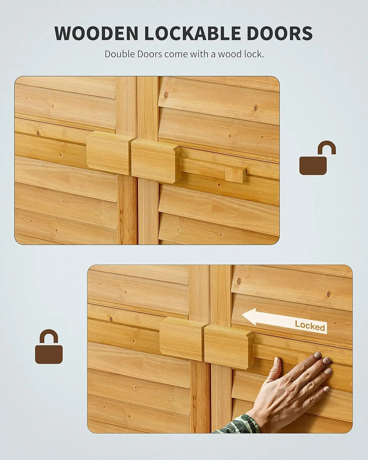 Outdoor Tall Wooden Storage Cabinet with 3 Shelves & Double Lock & Waterproof Roof for Yard Patio Lawn, Custom