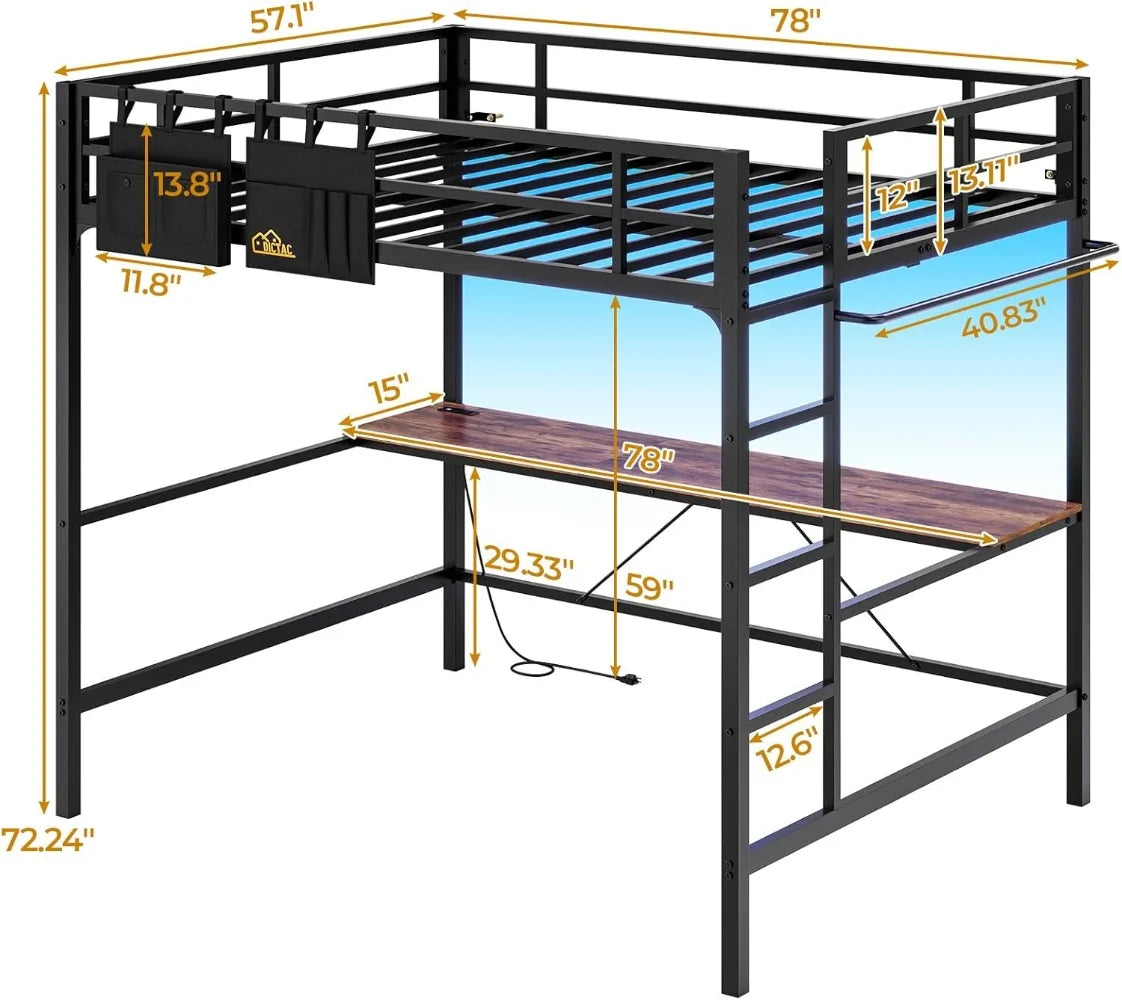 Full Size Loft Bed with Desk, LED Lights & Charging Station - Space Saving Black Metal Frame for Teens/Adults