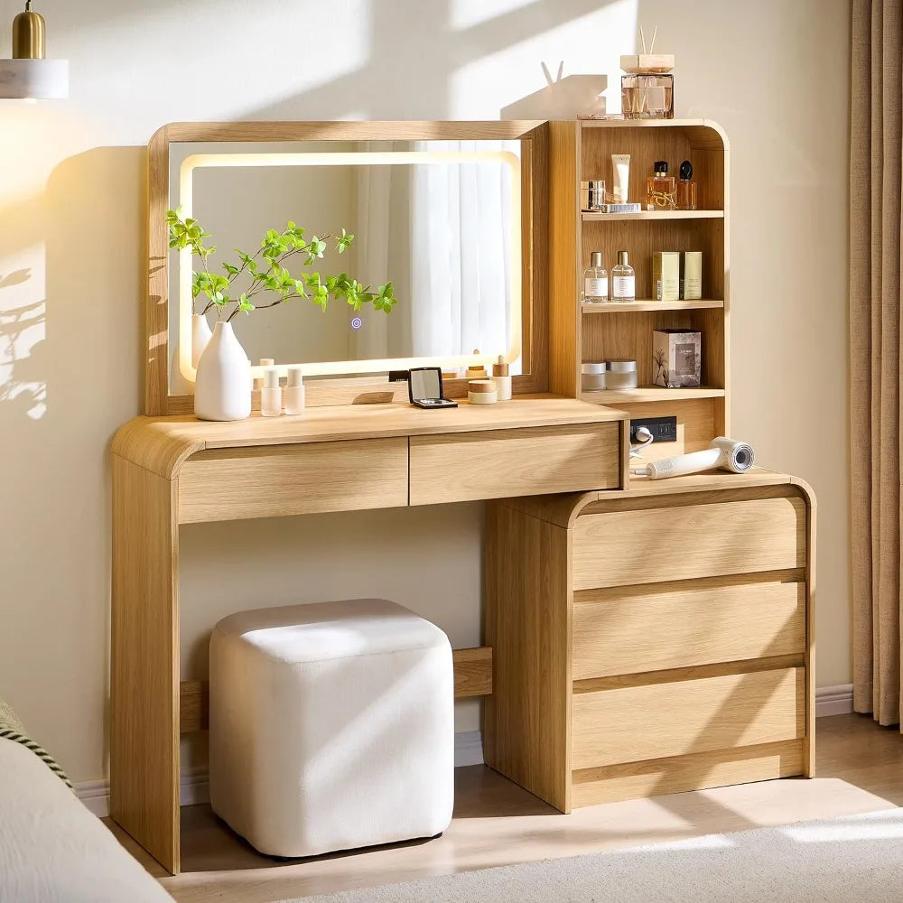 Vanity Desk, Light Mirror & 5 Drawers, Modern Bedroom Makeup Table, Custom