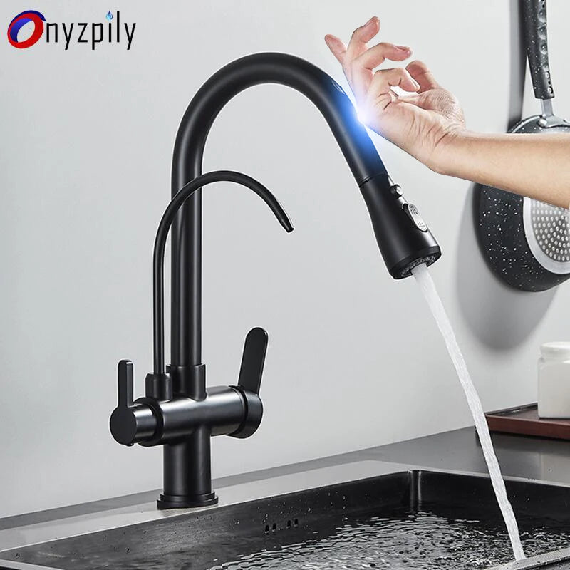 Onyzpily Black Touch/NO Sensor Kitchen Faucet Pull Out Sink Faucets Hot Cold Mixer Pure Water Tap Deck Mounted Taps Dual Handle