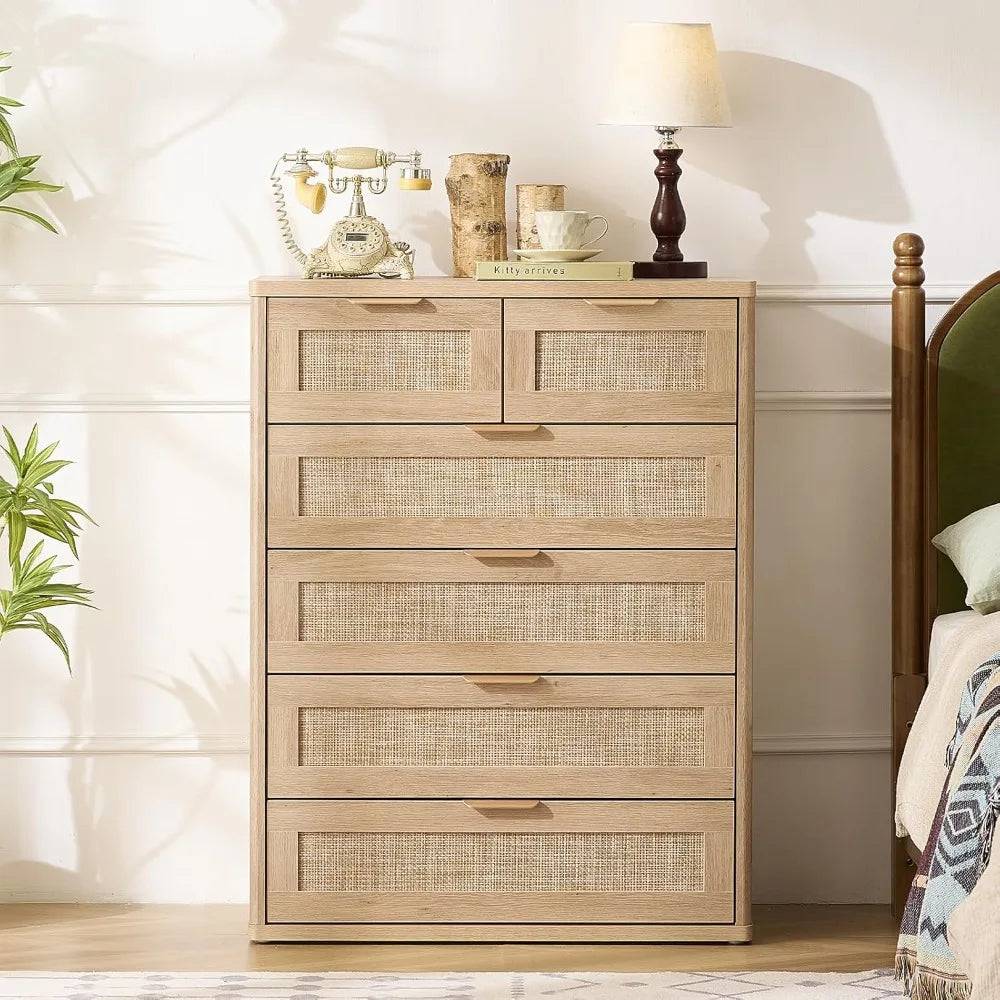 Rattan Dresser for Bedroom, 41" Tall Chest of Drawers, Modern 6 Drawers Boho Dressers with Storage, Light Oak Dresser,Customized
