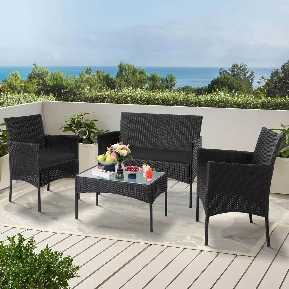 4 Piece Outdoor Wicker Patio Conversation Furniture Set, Rattan Chair Wicker Sofa Garden Conversation Sets with Cushion and Gla
