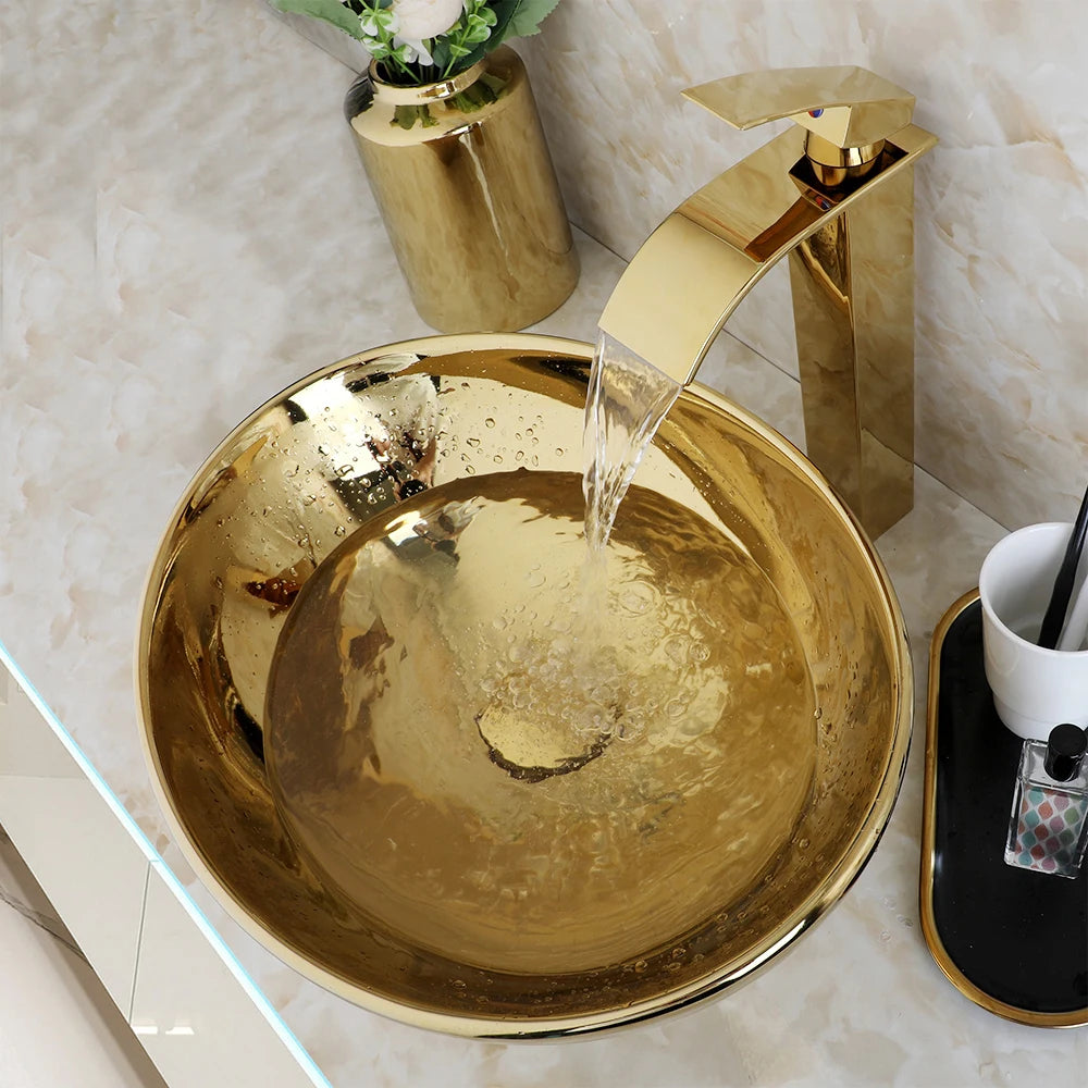 KEMAIDI Bathroom Vessel Sink Luxury Shiny Gold Ceramic Vanity Bowl Round Above Counter Basin for Bar and Cloakroom w/ Faucet Tap