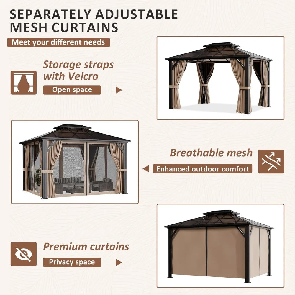 Hardtop Gazebo Polycarbonate Roof Aluminum Frame Permanent Pavilion Curtains Netting Sunshade Garden Patio Lawn, Custom