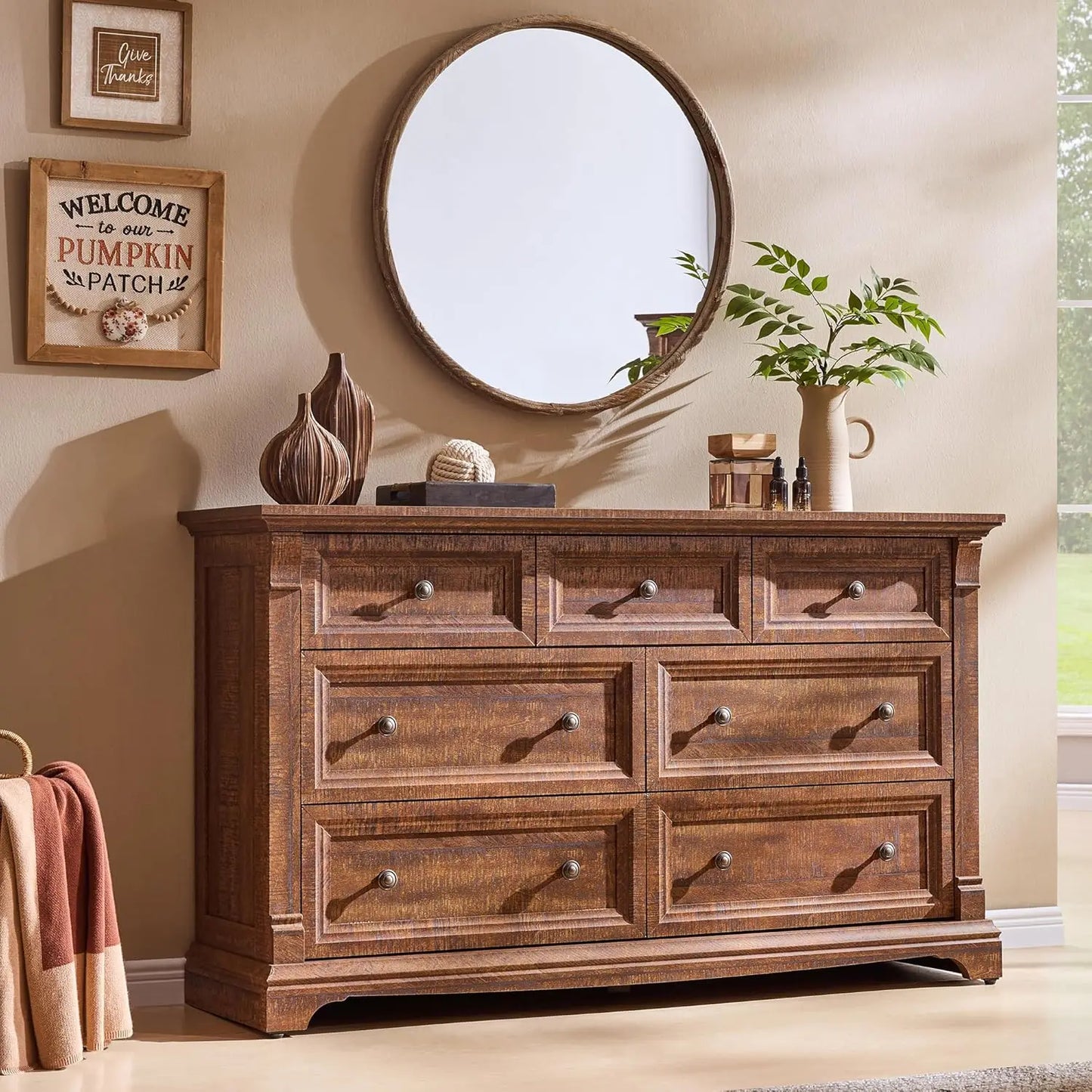 7 Drawer Rustic Wood Dresser 54" Wide Roman Column Storage Bedroom Living Room Closet Custom
