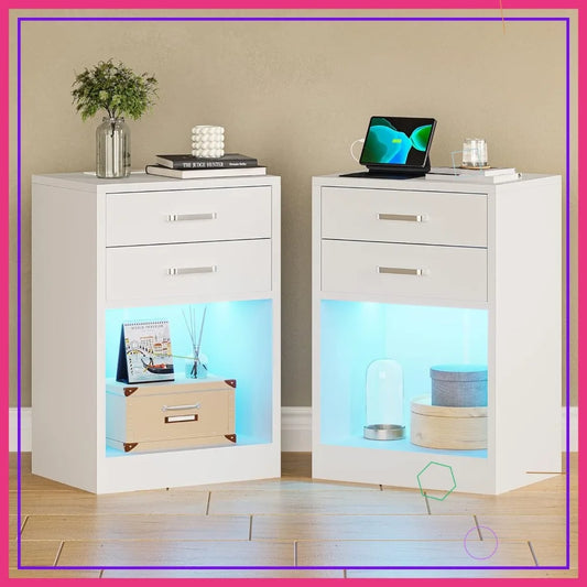 Modern LED Nightstand Set of 2 with Charging Station, USB Ports & Drawers, White Bedside Table for Bedroom Living Room