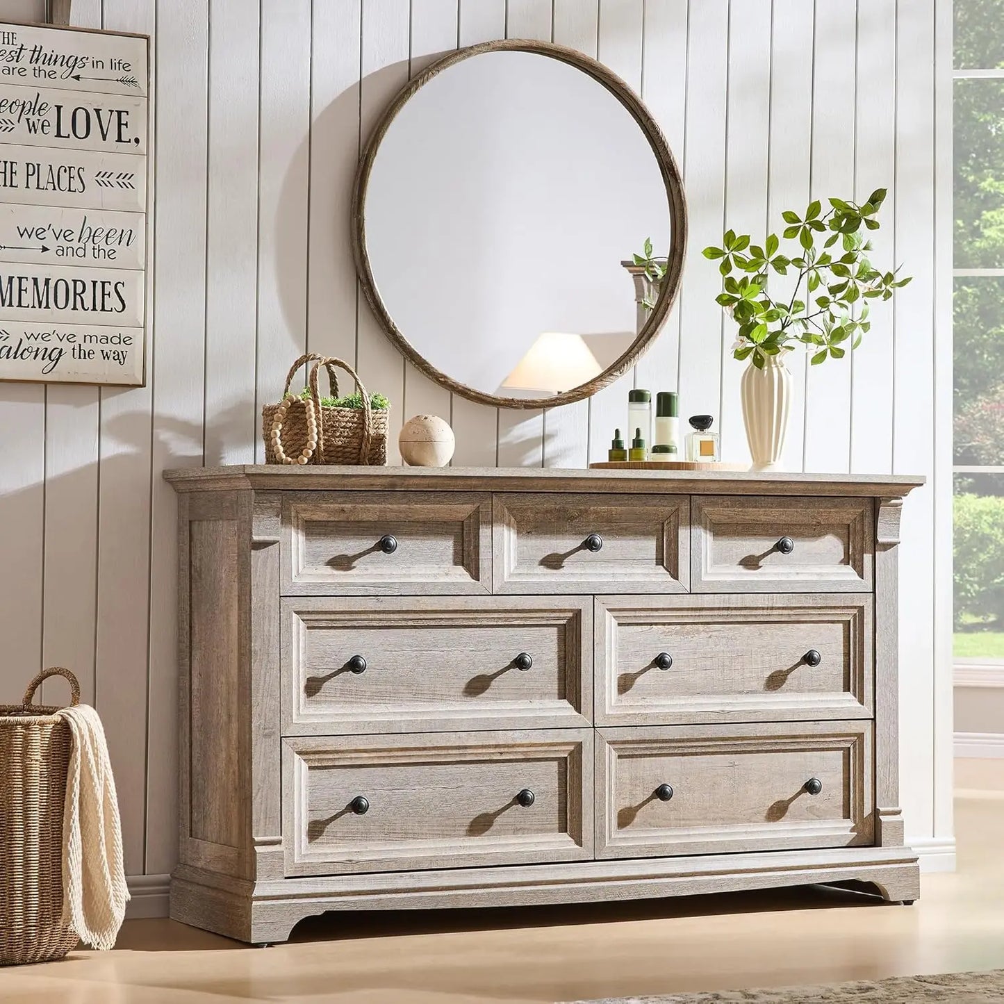 7 Drawer Rustic Wood Dresser 54" Wide Roman Column Storage Bedroom Living Room Closet Custom