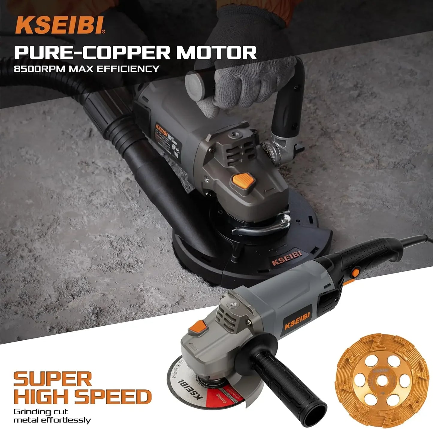 Concrete Angle Grinder Machine 5-Inch, Metal Grinding Tools 11.5Amps (1400 watt) with Safety Guard, Diamond Cup Wheel, Dust Shro