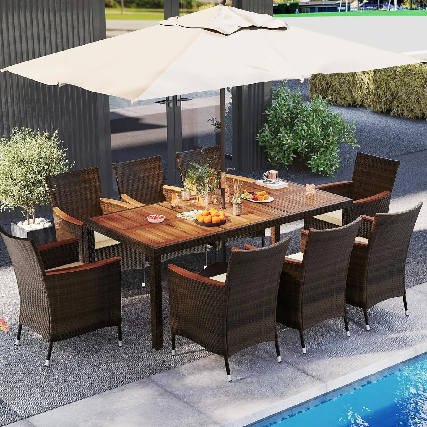 75"x36" Acacia Wood Patio Dining Table Set with PE Rattan Chairs Umbrella Hole Deck Backyard Customized