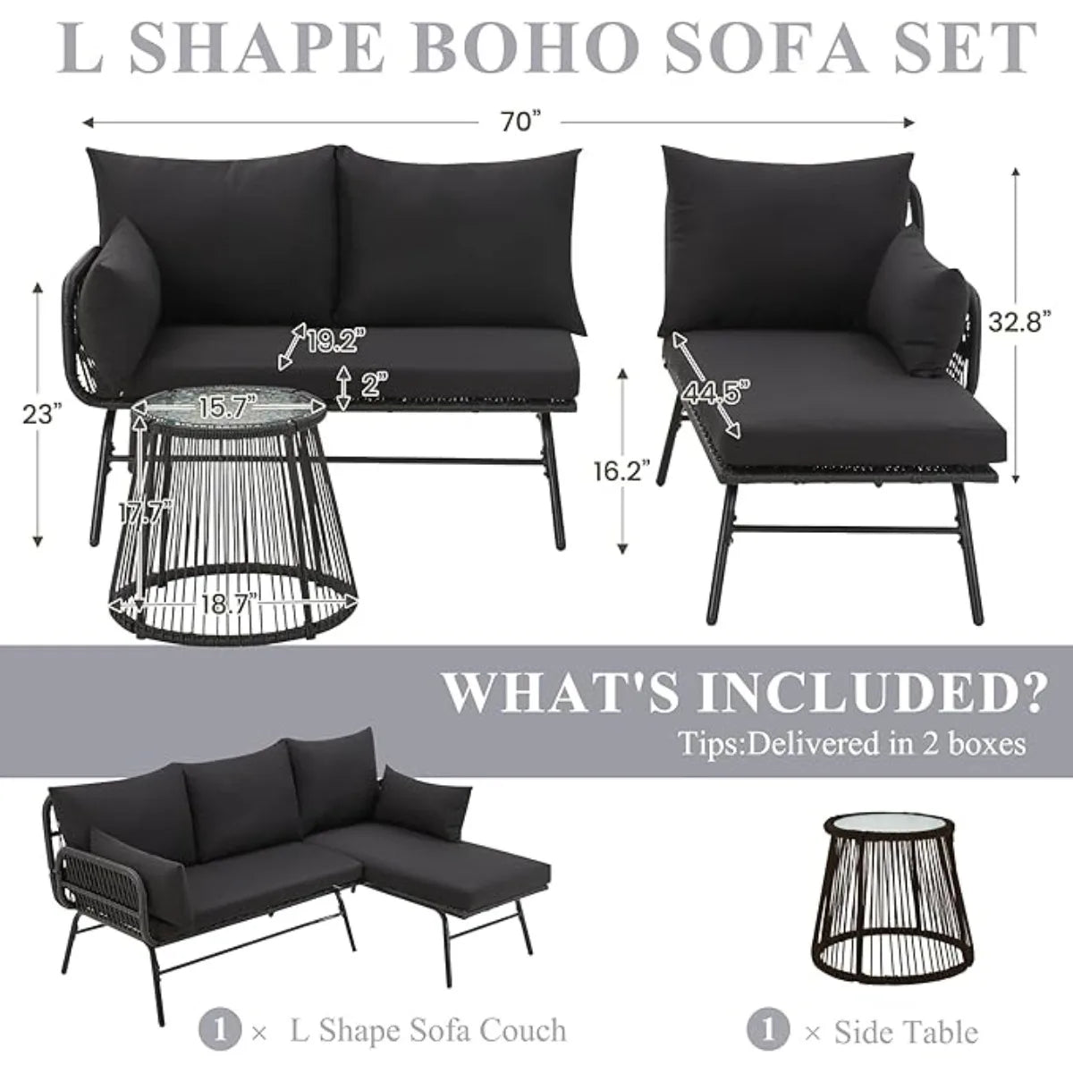 3-Piece Outdoor Patio Furniture Set – L-Shaped Rattan Sectional Sofa with Detachable Lounger, Glass Coffee Table & 4" Cushions