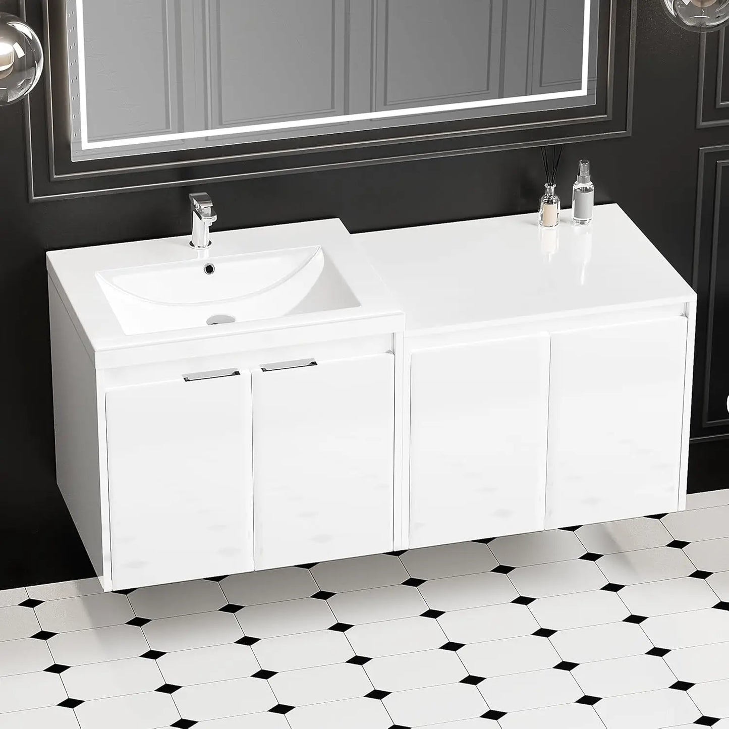 48" Wall Mounted Bathroom Vanity Resin Sink Soft Close Storage Cabinet Modern Glossy White, Customized
