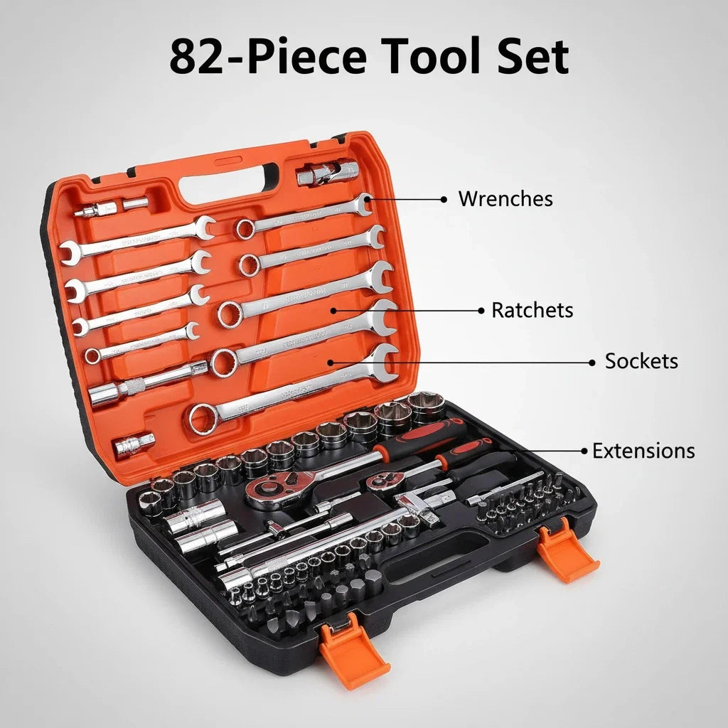 82-Piece Chrome Vanadium Steel Ratchet Wrench Socket Tool Set for Vehicle Repair - Ideal for DIY Enthusiasts, Mechanics, and Car