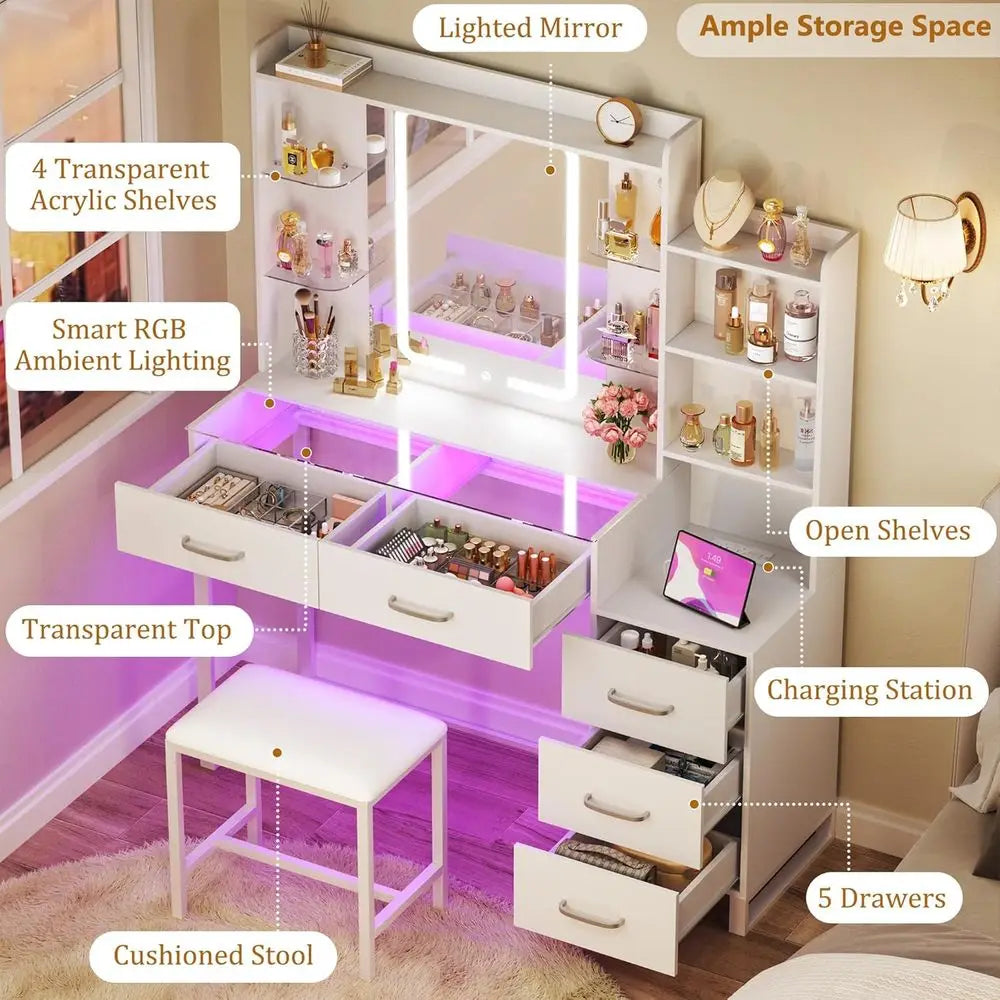 3-Color LED Lighted Makeup Vanity Desk with Glass Top, 43.3 Mirror, White Set Including Stool, 5 Drawers, Power Outlet for Bedro