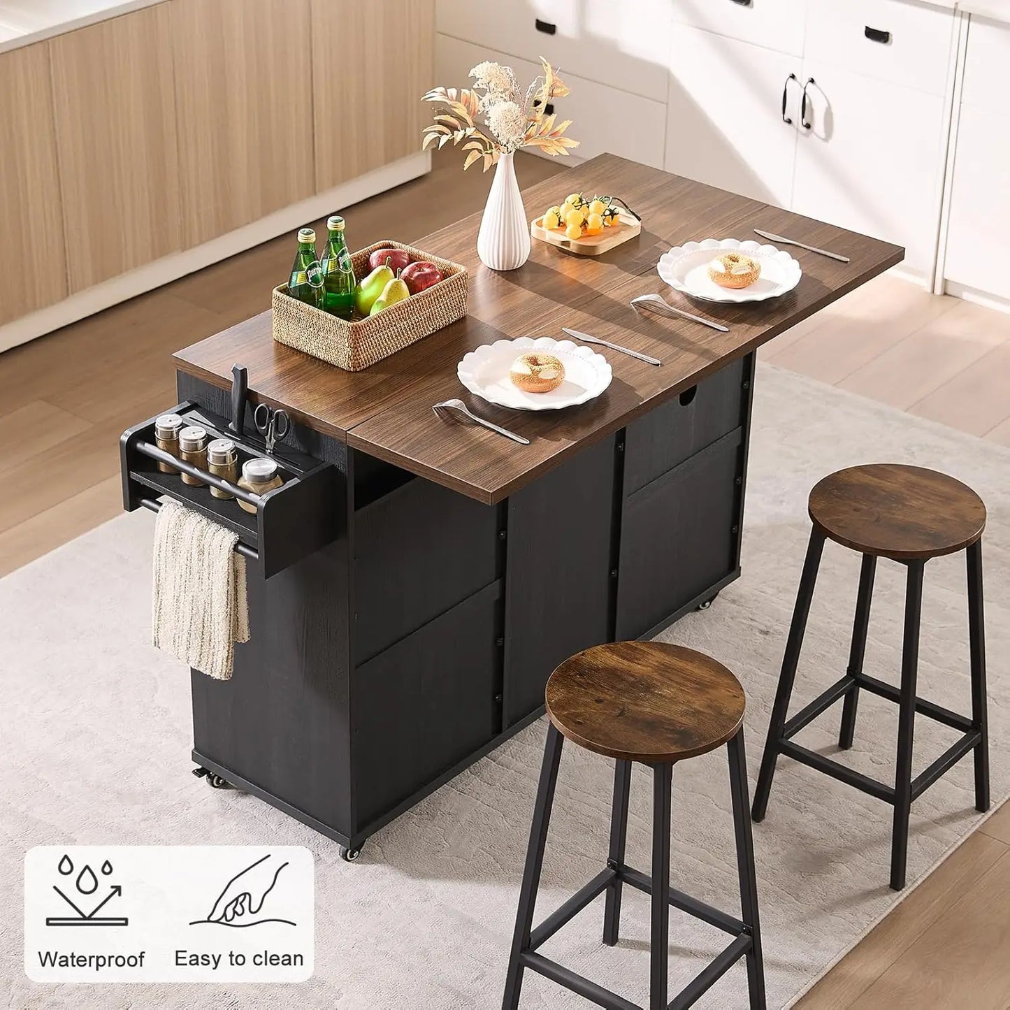 57" Kitchen Island with Storage — Kitchen Rolling Island with Trash Can Storage Cabinet, Power Outlet & Drop Leaf,, Customized