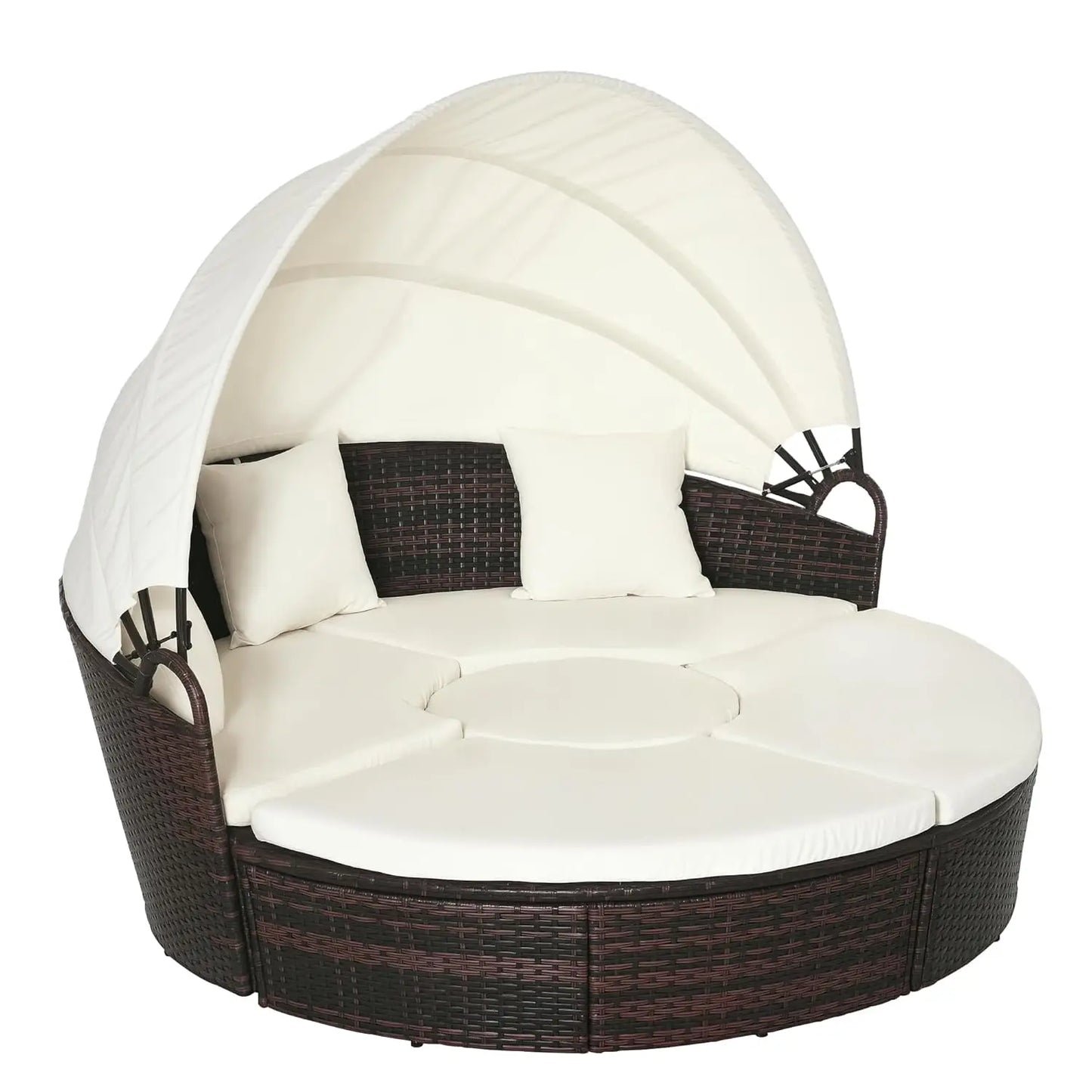 4pc Round Convertible Daybed Cushions PE Rattan Patio Sofa Adjustable Canopy Sectional 2 Chairs Table 3 Pillows, Customized