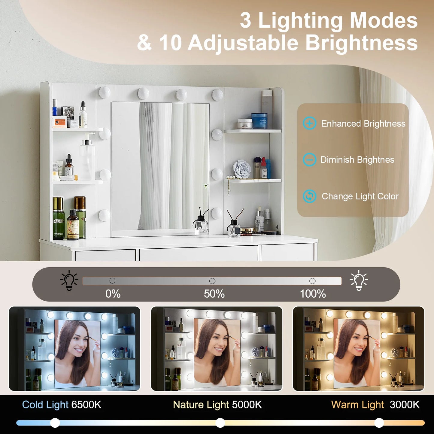 LED Mirror Makeup Table Set, 3-Color Light Dressing Vanity Desk with USB Charging Port & Storage Drawer, Modern Girl Bedroom Furniture Gift