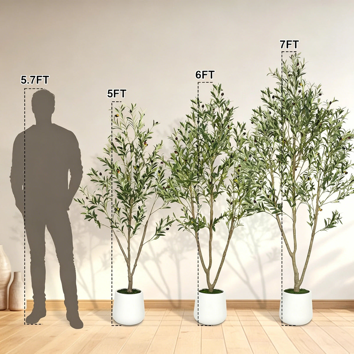 5/6/7ft Olive Trees Artificial Indoor Outdoor Faux Olive Tree with White Tall Planter, Artificial Plants with Natural Wood Trunk and Lifelike Fruits for Home Office Decor