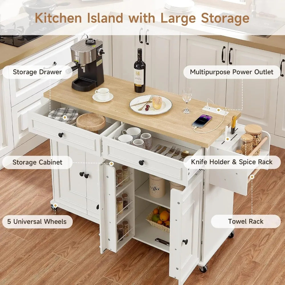 58" Mobile Kitchen Island Cart with Power Outlet, Storage Drawers, Spice Rack & Wheels