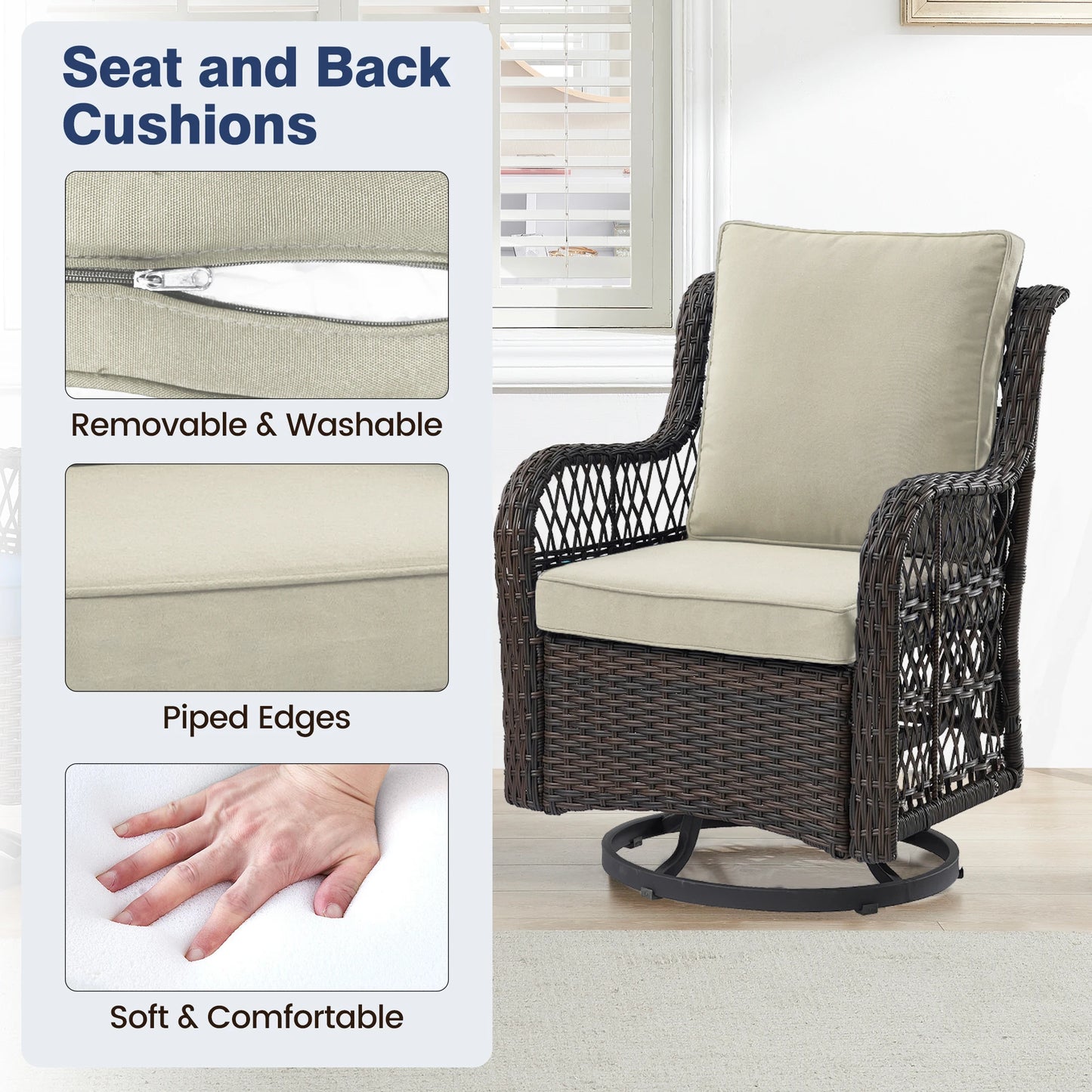 3 Pieces Outdoor Wicker Swivel Chair Set, Swivel Rocking Chairs Set of 2 with Rattan Side Table, 360-Degree Swivel Rocking Chair