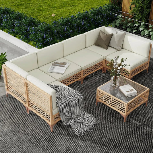 Outdoor Patio Furniture Set,Boho Patio Conversation Sectional Sofa with Large Tempered Glass Coffee Table and Waterproof Cushion