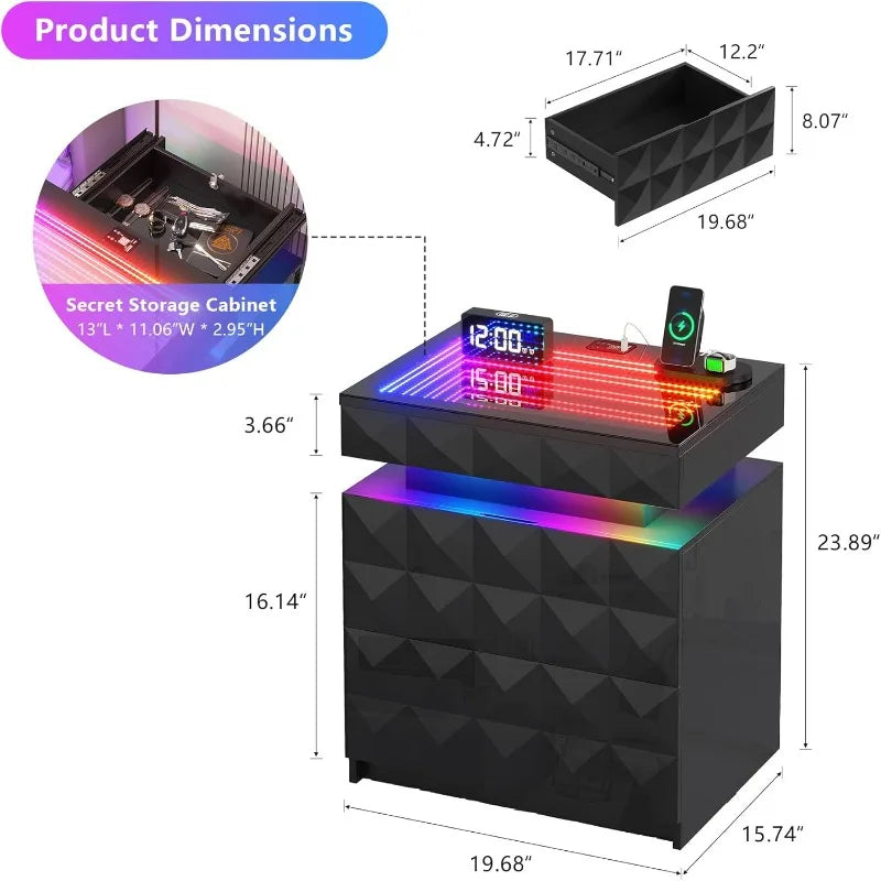 Dystler Night Stand with Charging Station and RGB Lights, LED Nightstand Tempered Glass and Sliding Top, 3 Drawers Bedside Table