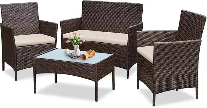 4 Piece Outdoor Wicker Patio Conversation Furniture Set, Rattan Chair Wicker Sofa Garden Conversation Sets with Cushion and Gla