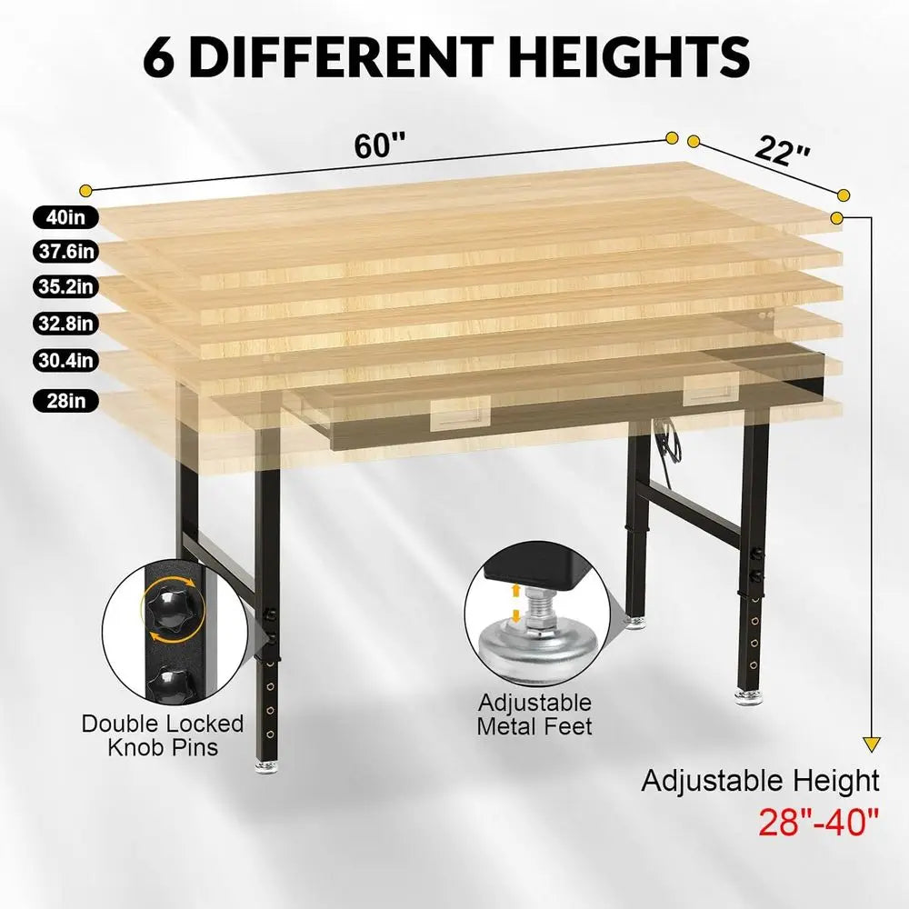60 Adjustable Height Heavy-Duty Workbench, 2000 lbs Capacity, Rubberwood Construction, Black Steel Frame