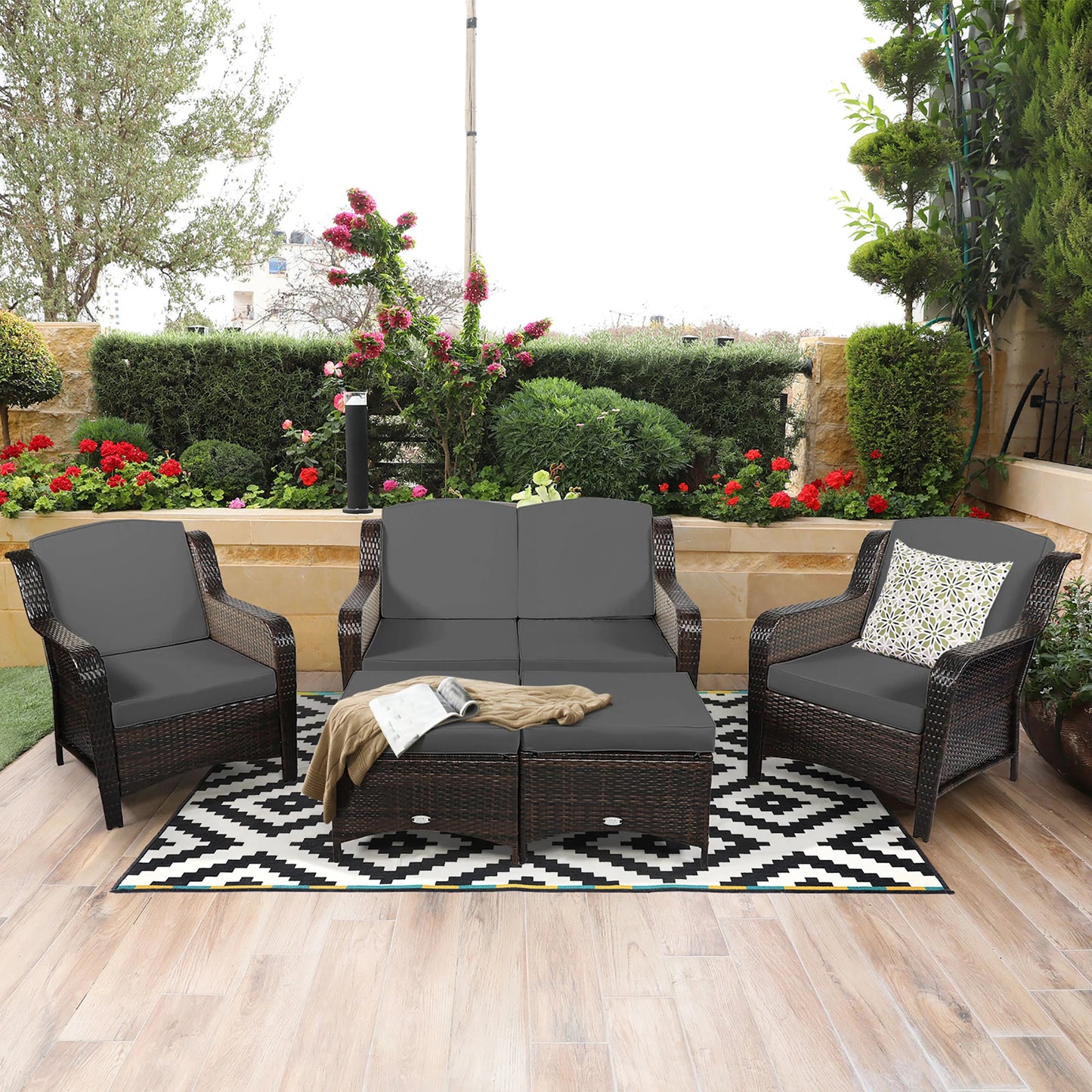 5 Pieces Patio Furniture Set Outdoor Rattan Conversation Sofa Set W/ Cushions