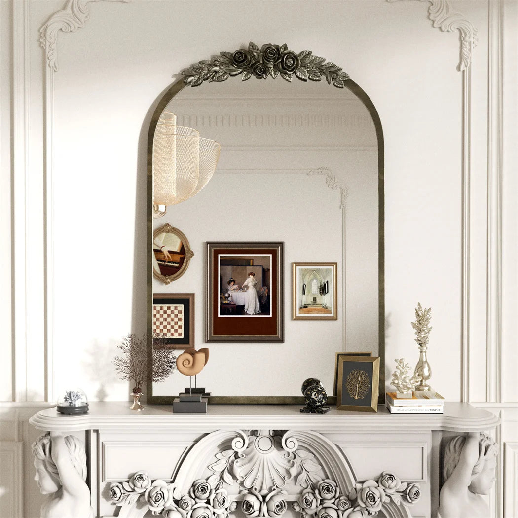 LUVODI Arched Antique Brass Wall Mirror Metal Frame Adorned with Resin Rose Pattern for Entryway,Fireplace,Living Room