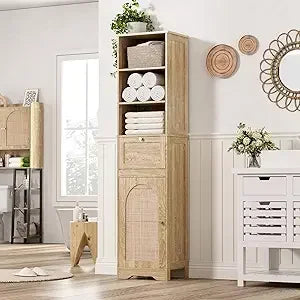 67-inch Tall Natural Rattan Sliding Bathroom Cabinet with Adjustable Shelves