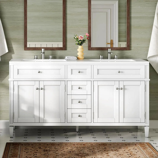 60″ Bathroom Vanity with Sink Combo, Solid Wood Vanity Cabinet with 3 Storage Drawers & Adjustable Shelves, White