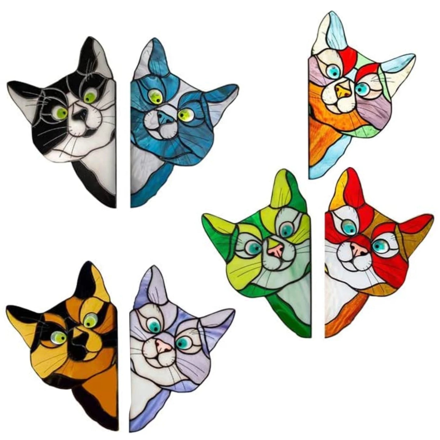 7Pcs Stained Household Animal Cat Face Stickers Door And Window Glass Car Door Glass Stickers Holiday Party Decorations