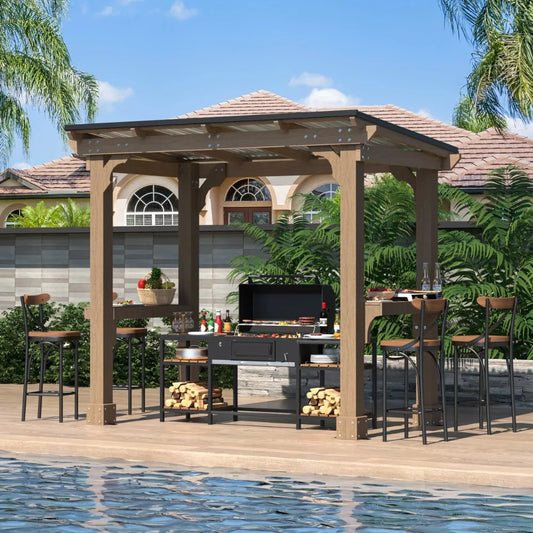 8' X 5' Outdoor Hardtop Gazebo, BBQ Gazebo with Workbench Frame for Lawn, Garden, Patio