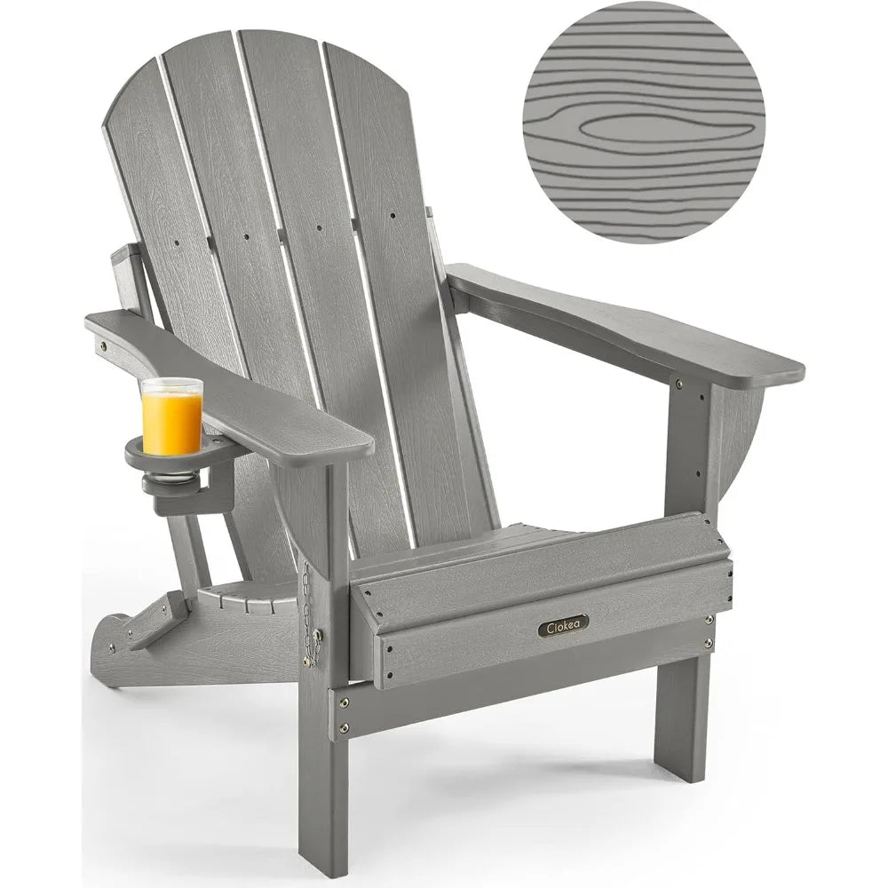 Ciokea Folding Adirondack Chair Wood Texture, Patio Chair Weather Resistant, Plastic Fire Pit Chair with Cup Holder, for Lawn