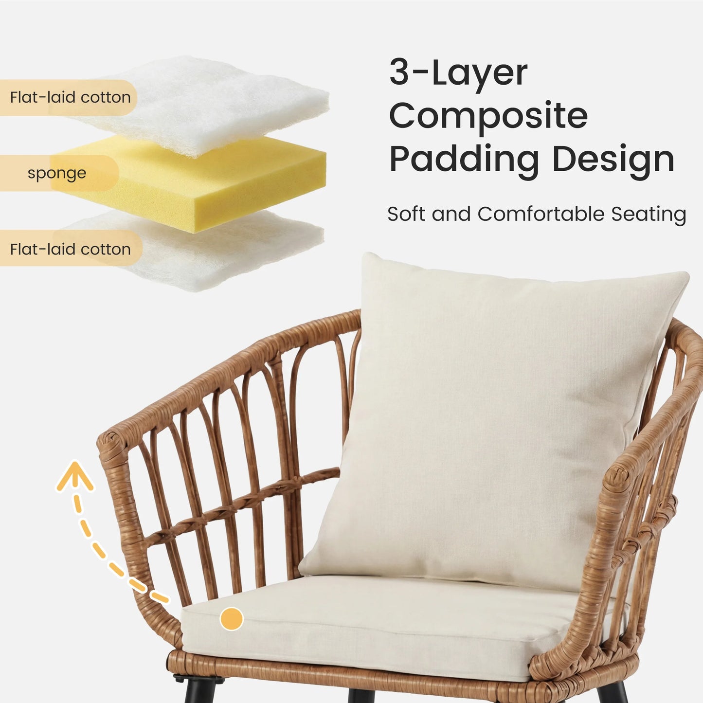 JHK 3 Pieces Wicker Patio Outdoor Set with Soft Cushion and Glass Steel Frame Table Manual Weaving Patio Chairs For Garden Lawn